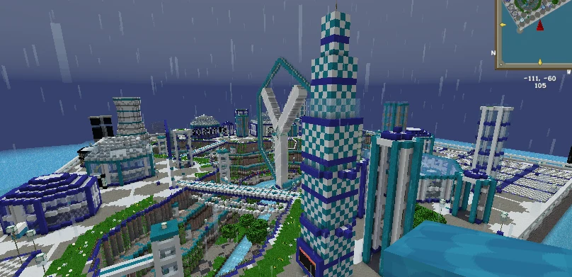 Forge City on the live server: towers, the Y monument and the canyon